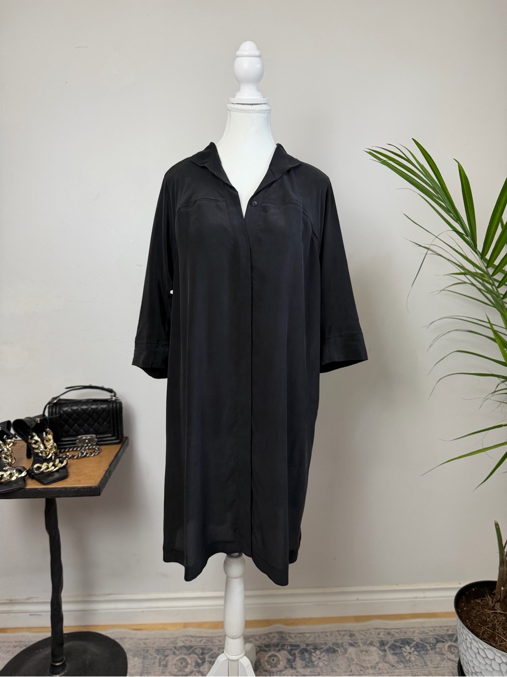 See by Chloé 100% Silk Black Shirt Dress Oversized Button Front US 4 / IT 40